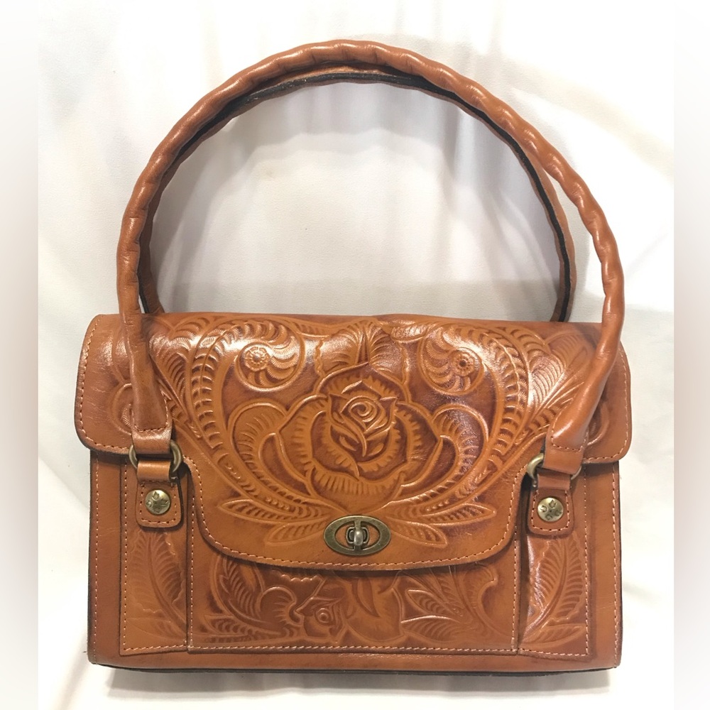 EUC Patricia Nash Sanabria Rose Floral Print Brown Leather Satchel